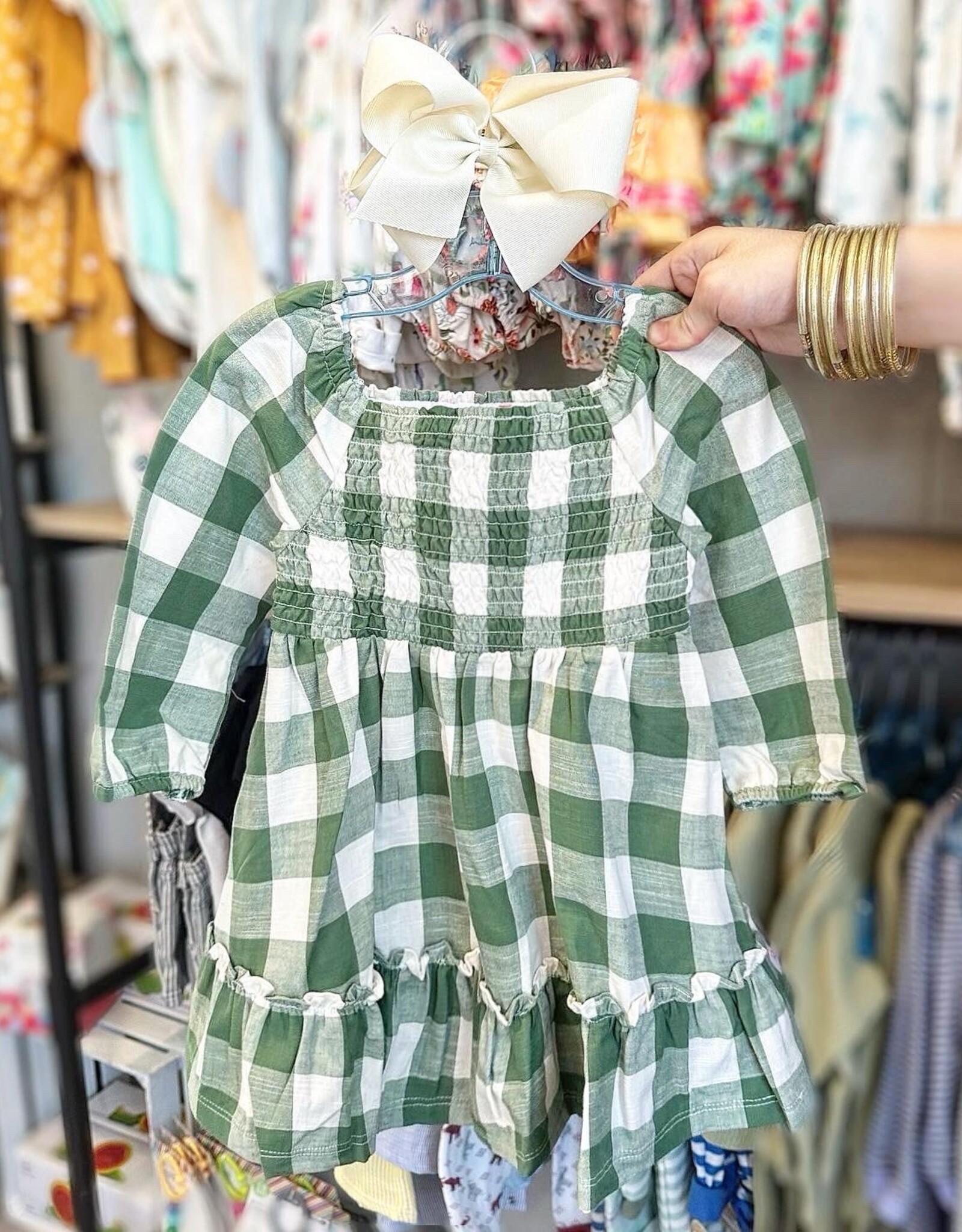 RuffleButts Long Sleeve Smocked Ruffle Hem Dress