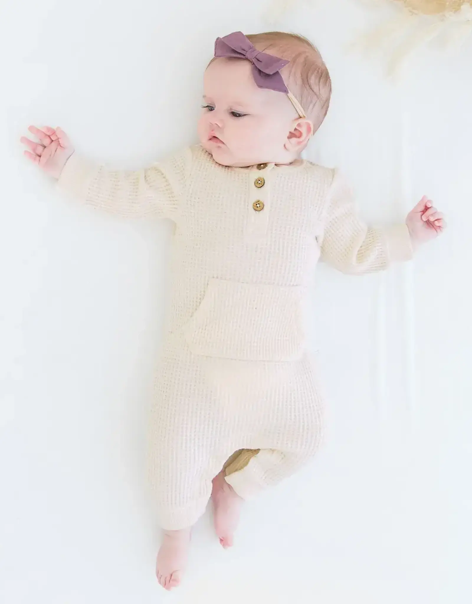 RuffleButts Waffle Knit Henley Romper in Oatmeal