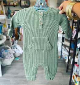 RuffleButts Waffle Knit Henley Romper in Sea Spray