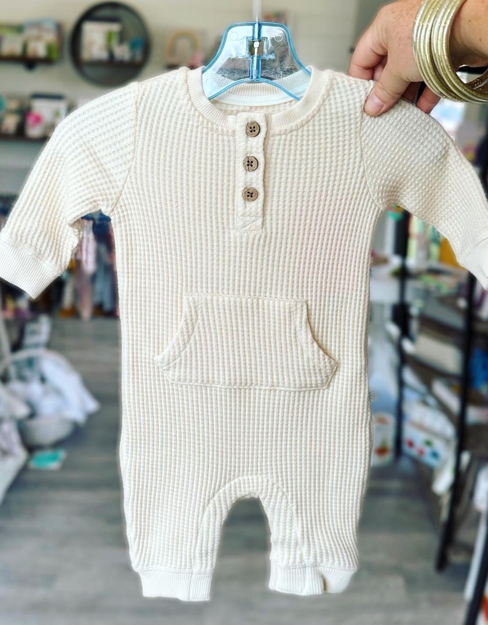 RuffleButts Waffle Knit Henley Romper in Oatmeal