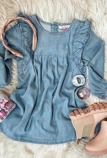 RuffleButts Light Wash Denim Flutter Button Back Dress