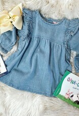 RuffleButts Light Wash Denim Flutter Button Back Dress