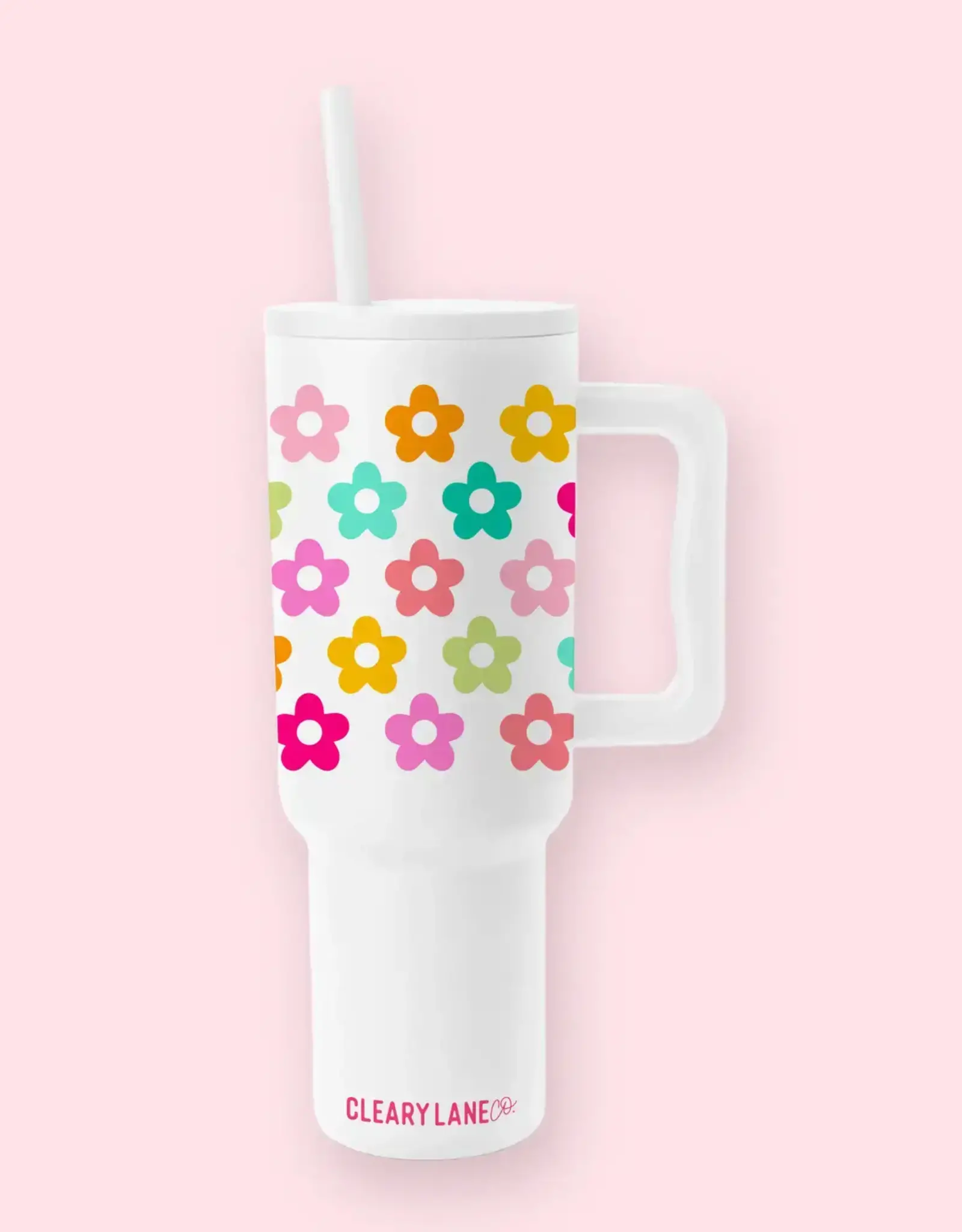 Cleary Lane Tumbler With Handle- 40oz White Rainbow Flowers