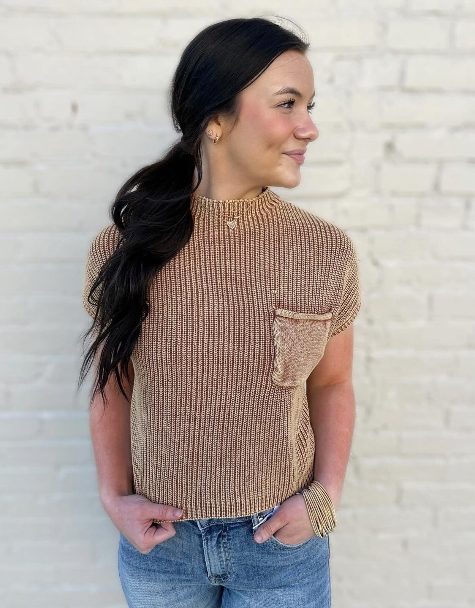 zenana Kristin Pocket Sweater Top in Tan - Marlee Janes