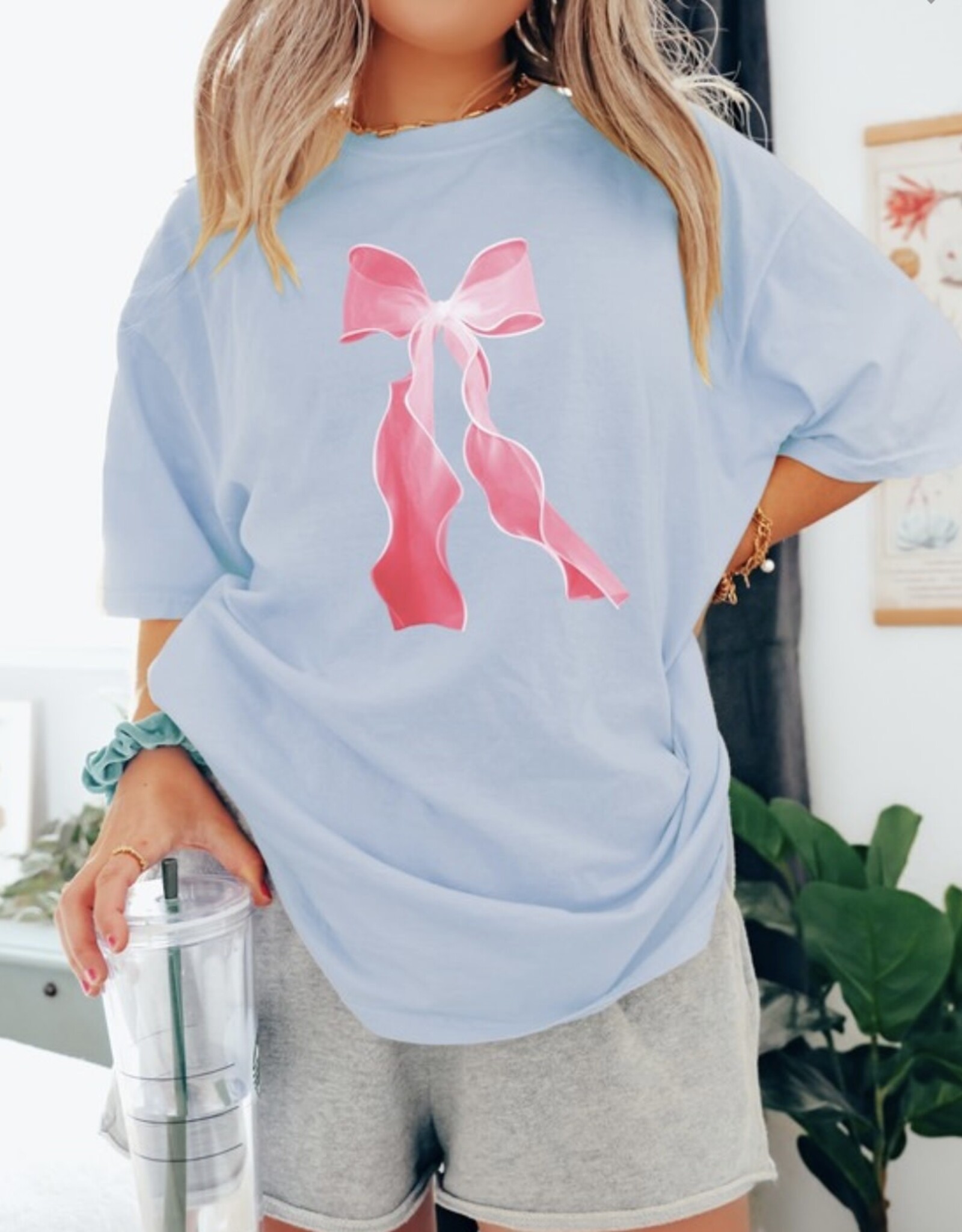 Single Pink Bow Graphic Tee in Sky Blue
