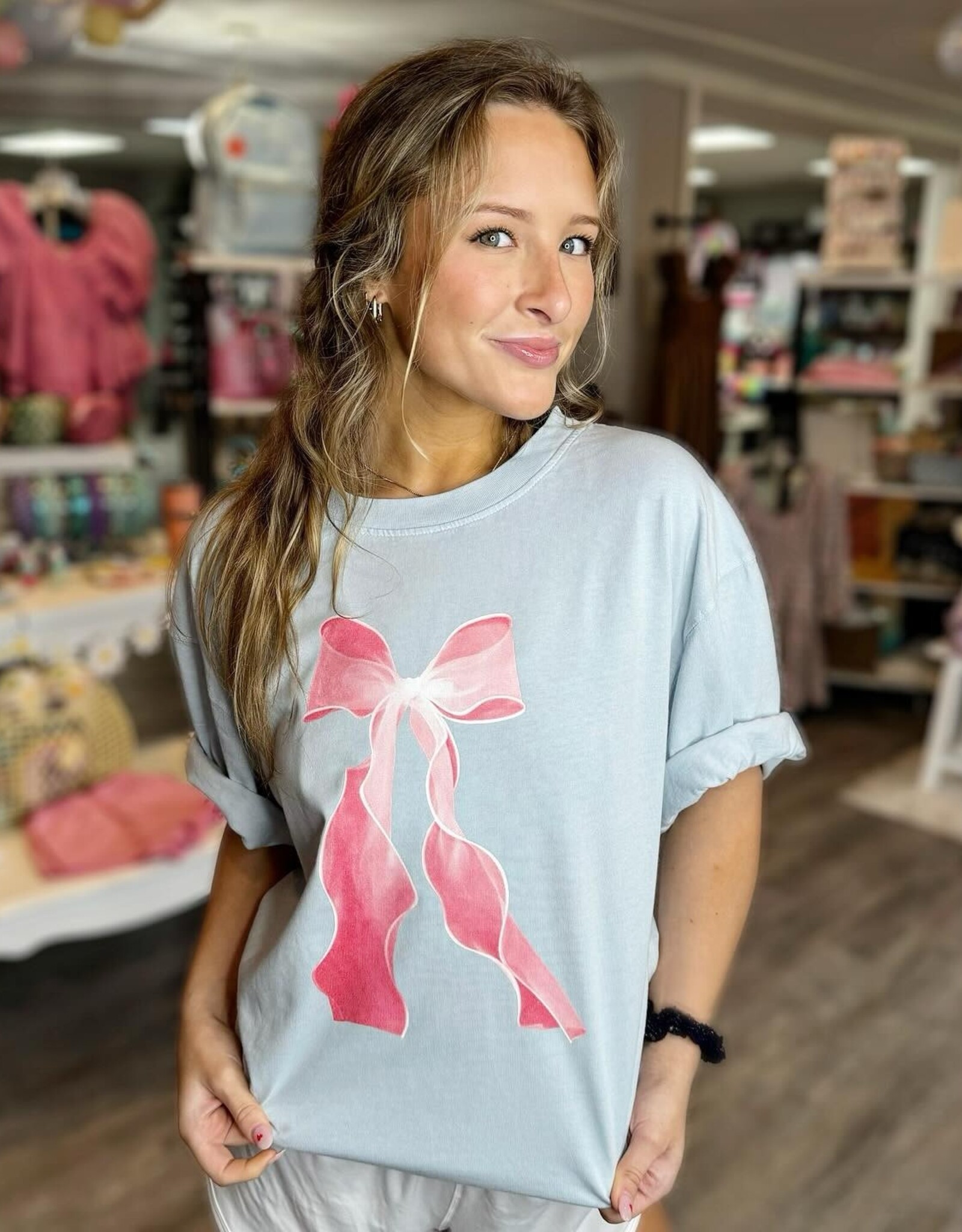 Single Pink Bow Graphic Tee in Sky Blue