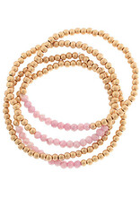 4 row glass bead bracelet set in pink/gold