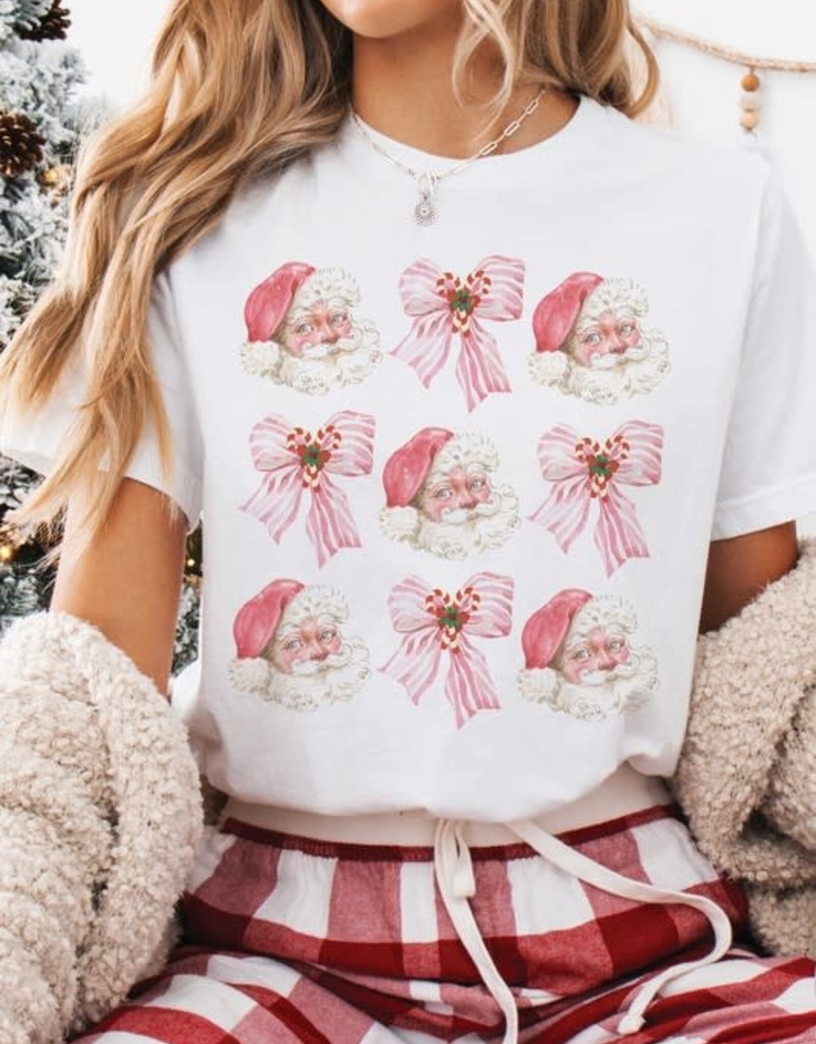 Santa Coquette Bow Christmas Tee in White