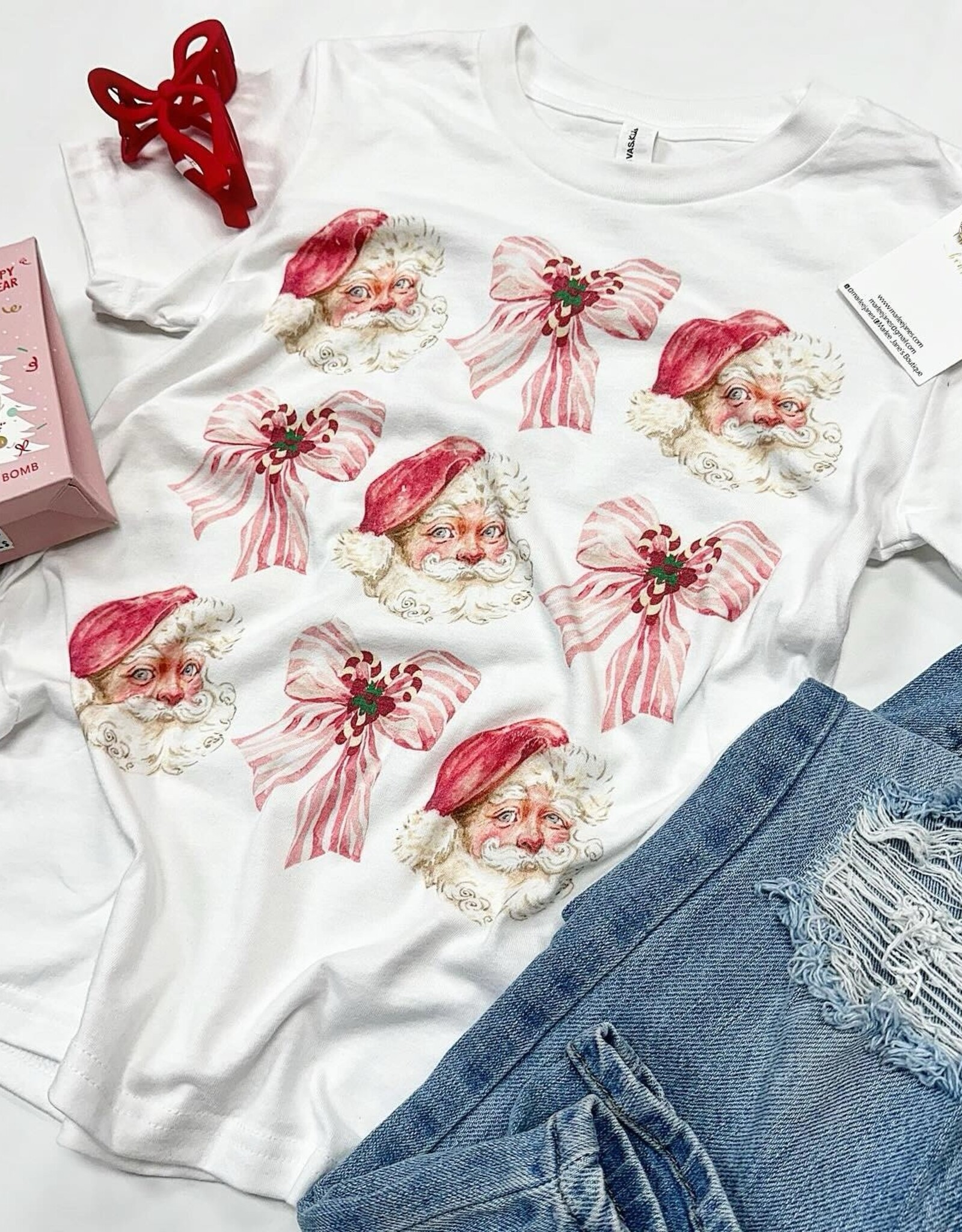 Santa Coquette Bow Christmas Tee in White