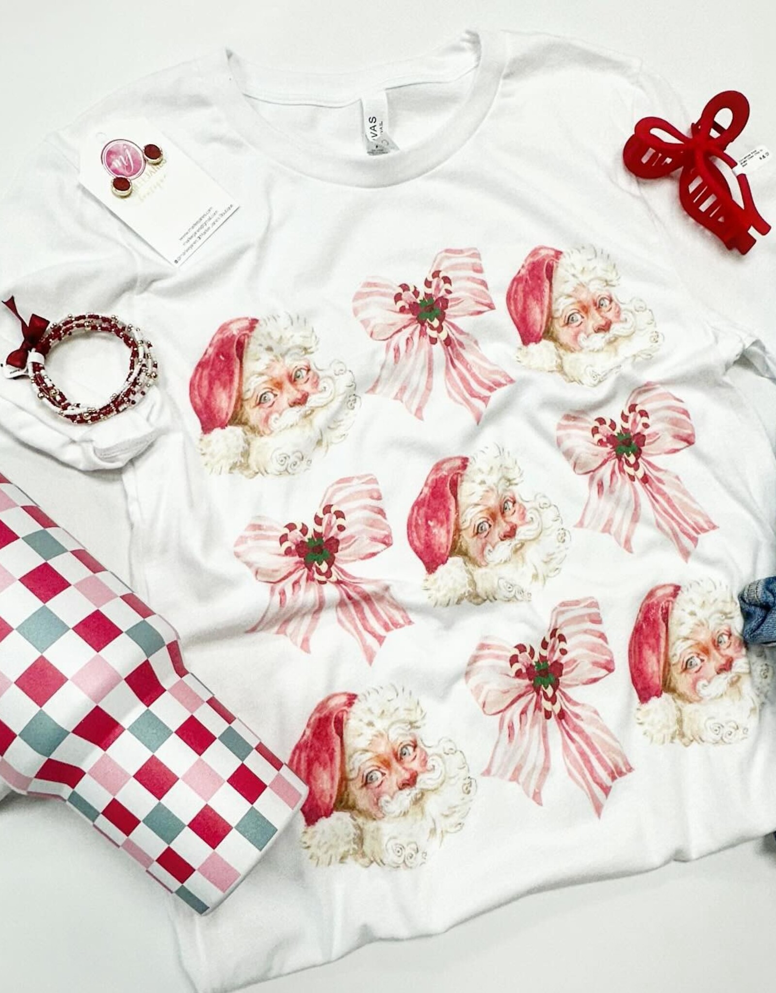 Santa Coquette Bow Christmas Tee in White