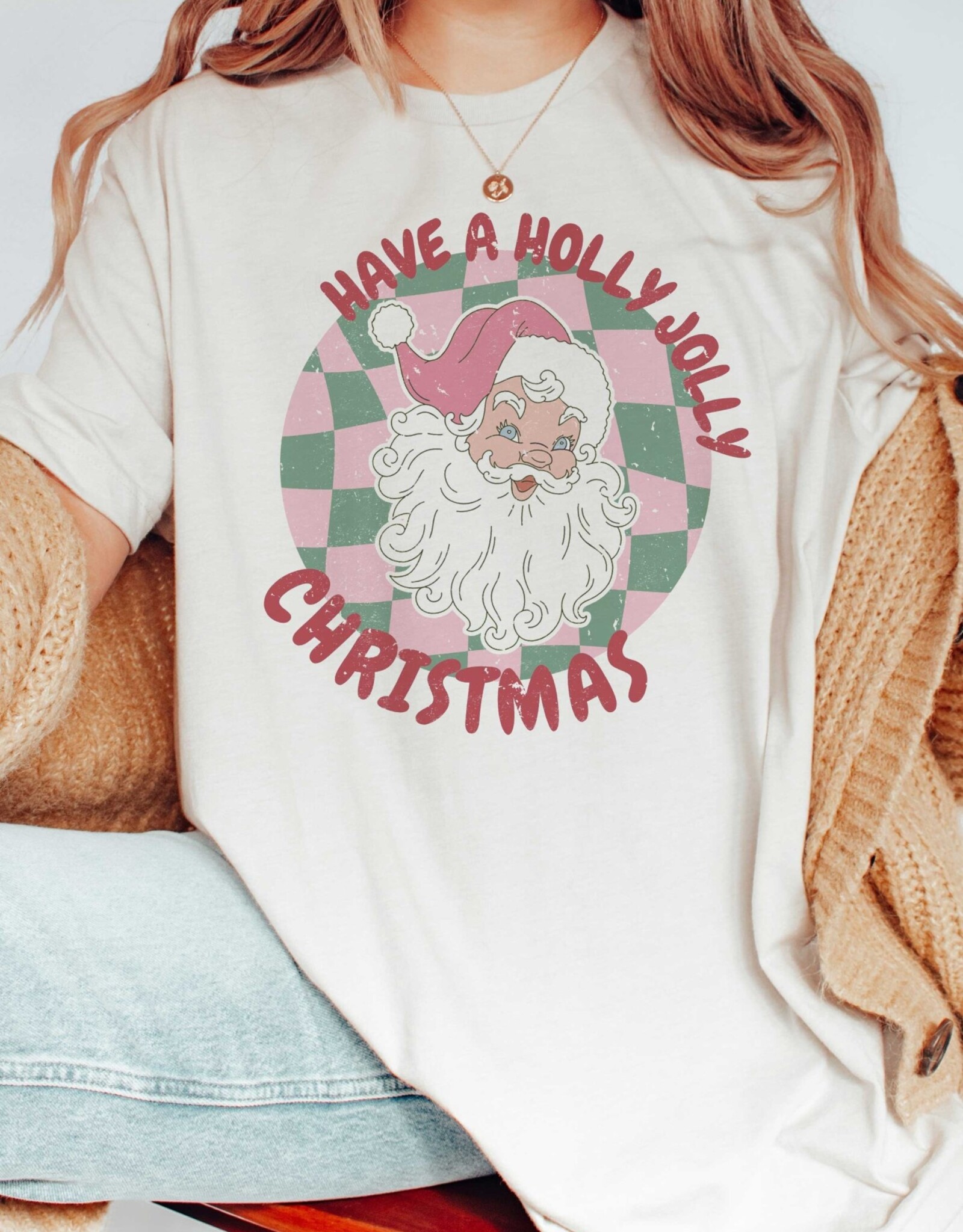 Holly Jolly Santa Christmas Check Tee in White