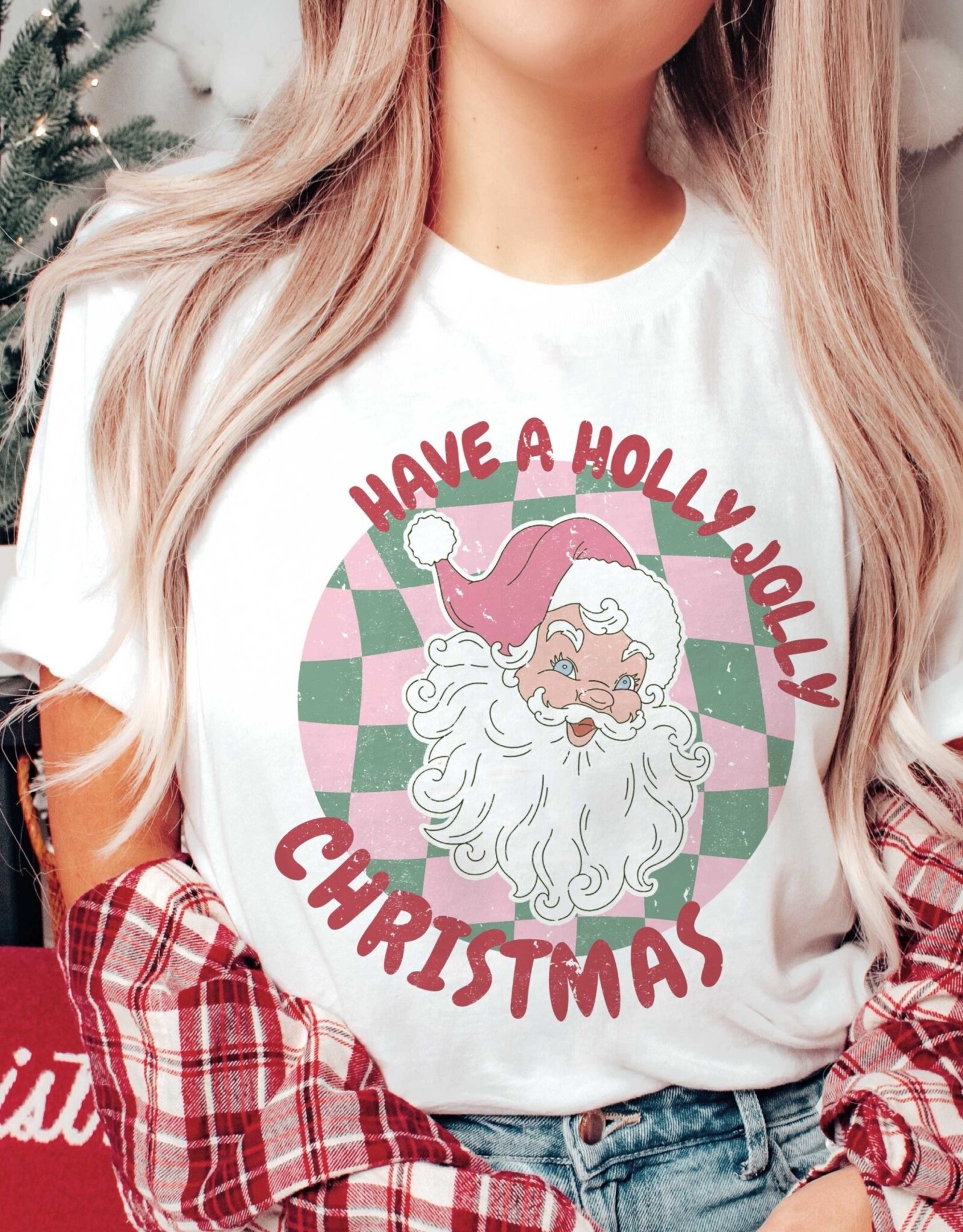 Holly Jolly Santa Christmas Check Tee in White