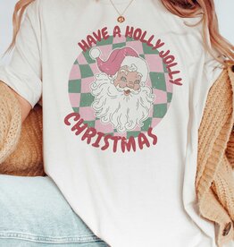 Holly Jolly Santa Christmas Check Tee in White