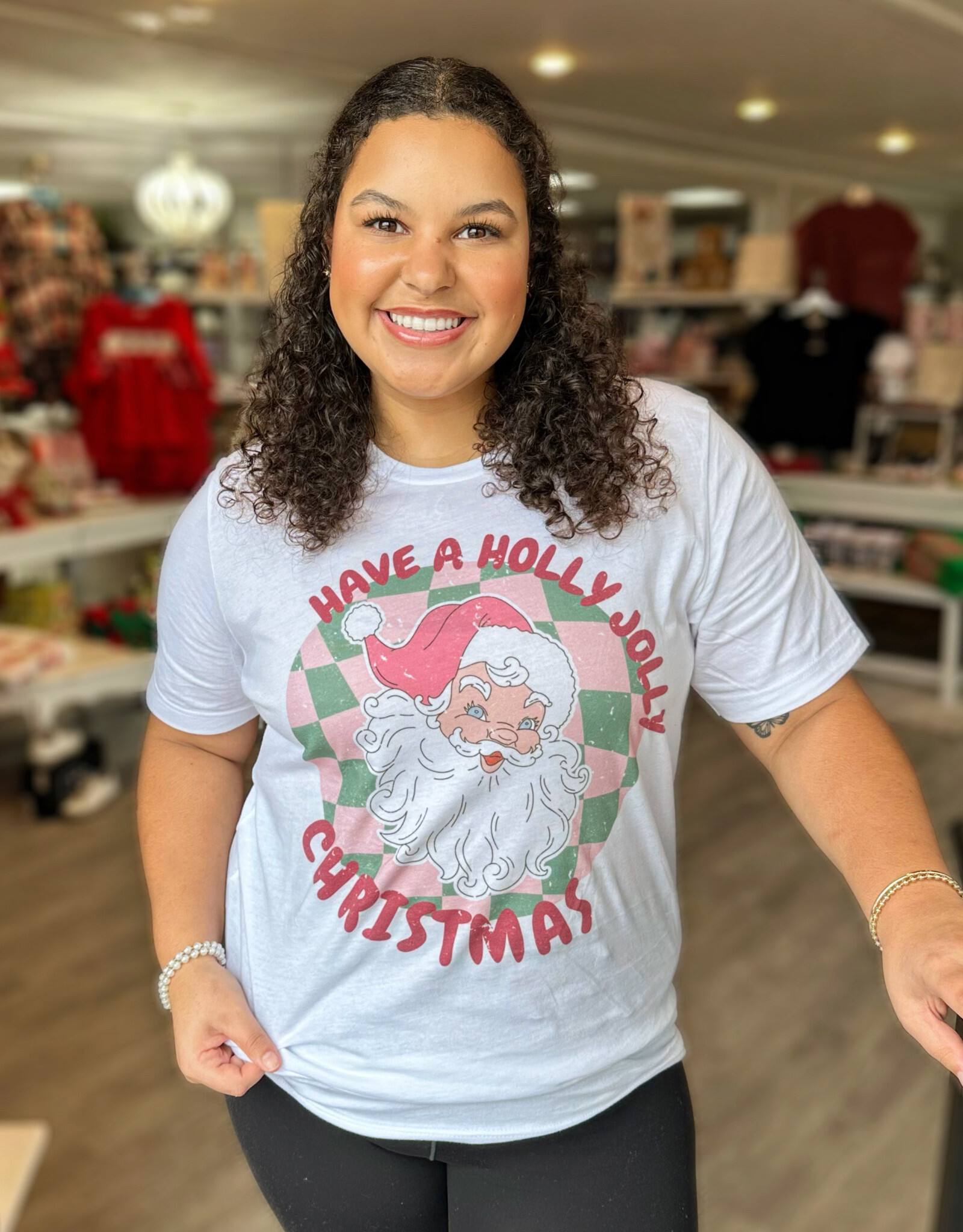 Holly Jolly Santa Christmas Check Tee in White
