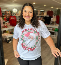 Holly Jolly Santa Christmas Check Tee in White