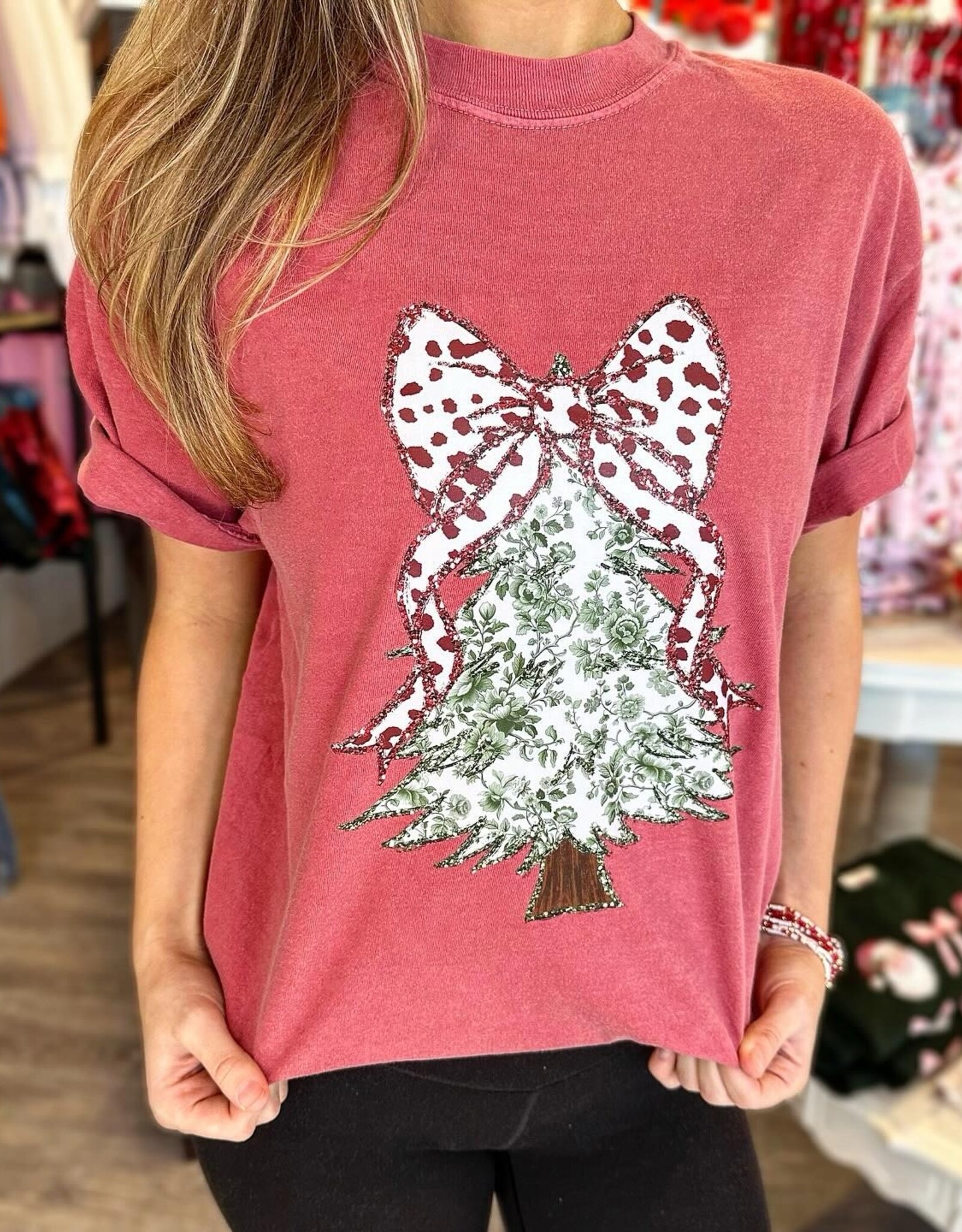Glitter Bow Christmas Tree Tee in Red