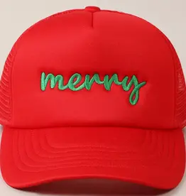 Merry Embroidery ChristmasTrucker Hat in Red