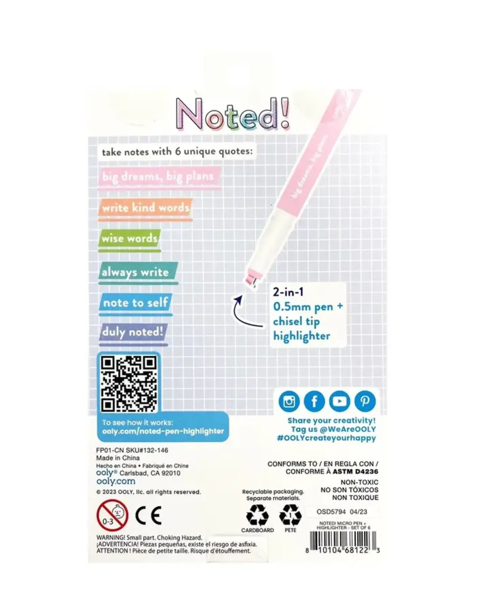 ooly Noted! 2-in-1 Micro Fine Tip Pens & Highlighters - Set of 6