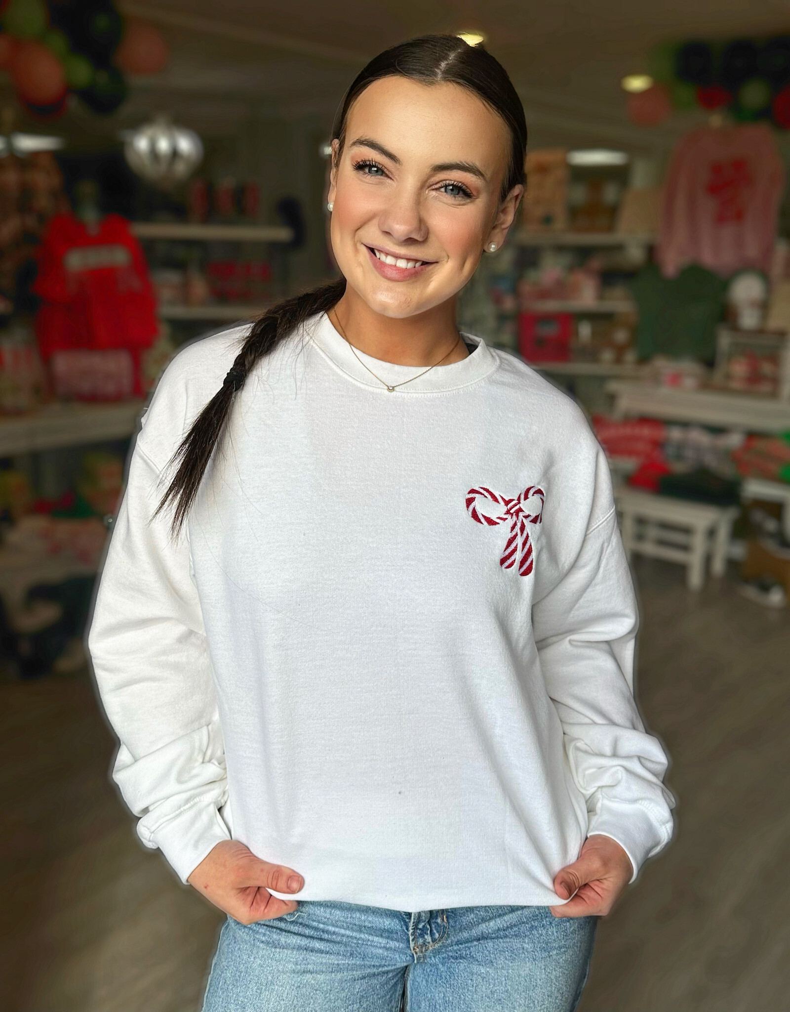 Candy Cane Christmas Embroidery Sweatshirt in White