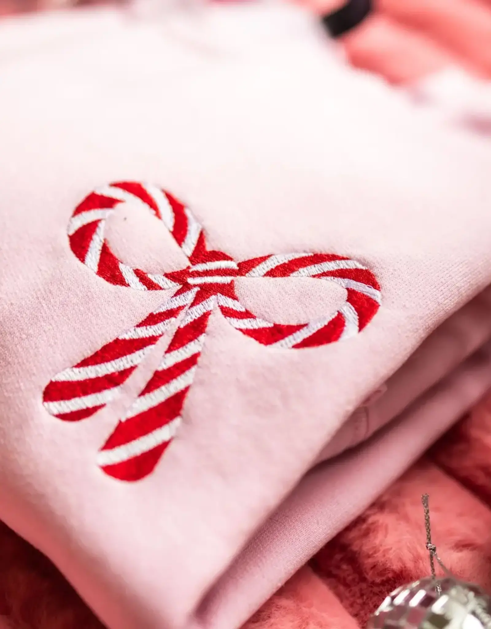 Candy Cane Christmas Embroidery Sweatshirt in White
