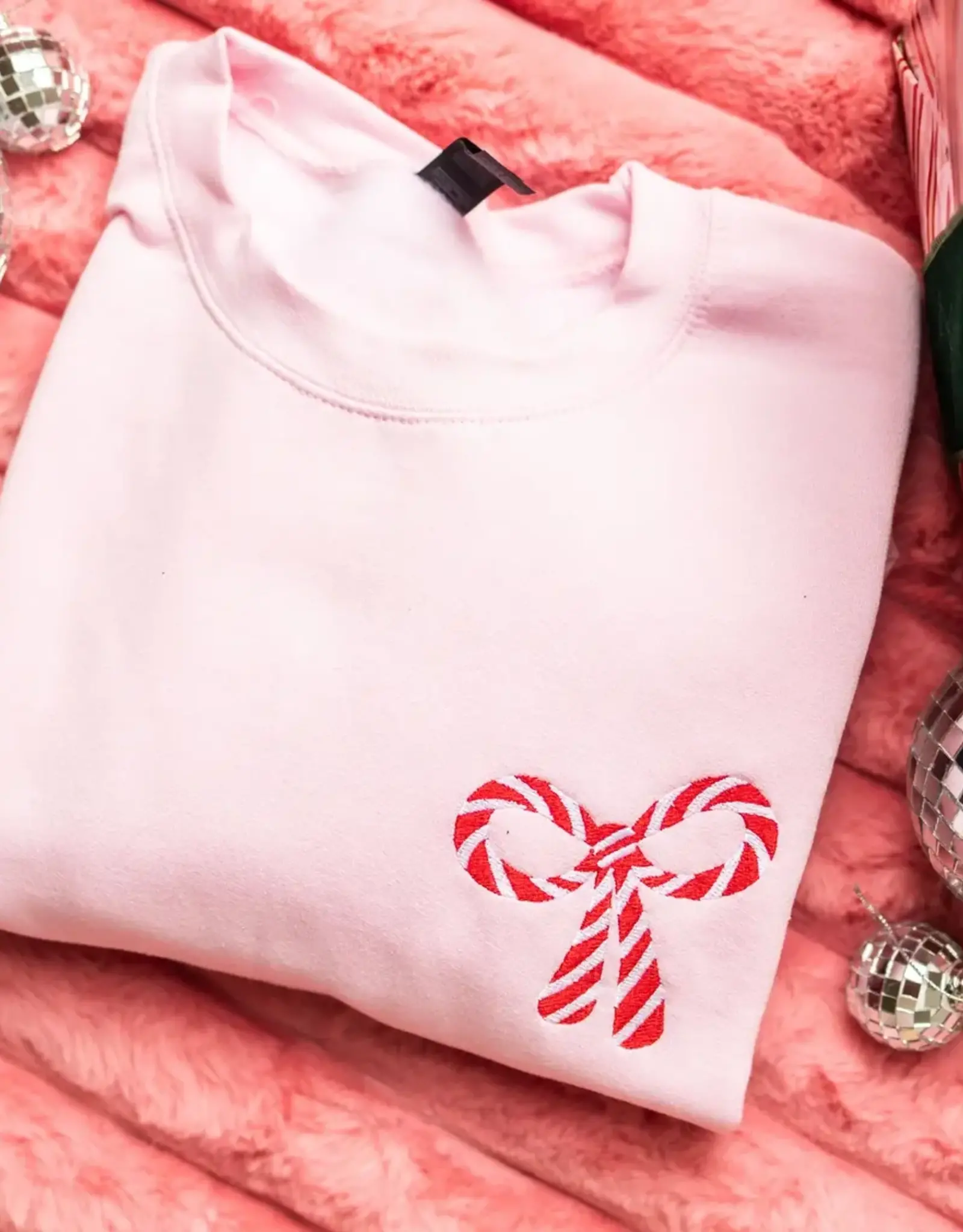 Candy Cane Christmas Embroidery Sweatshirt in White