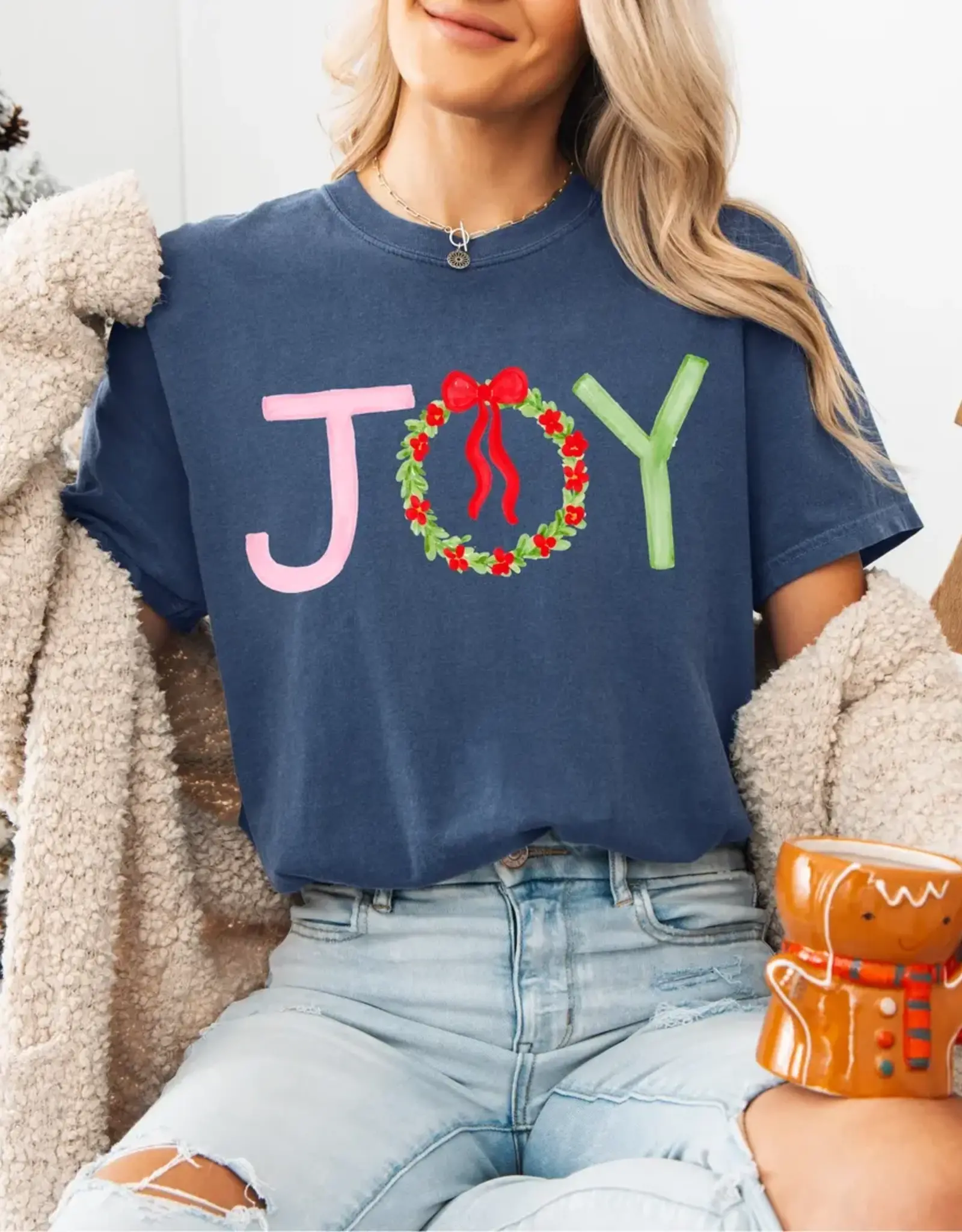 Joy Christmas Graphic Tee in Denim