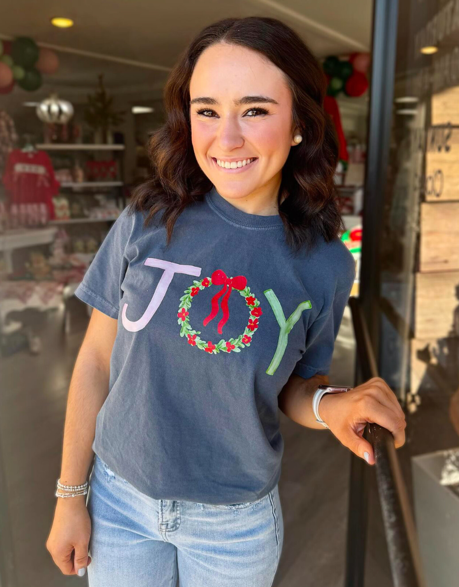 Joy Christmas Graphic Tee in Denim
