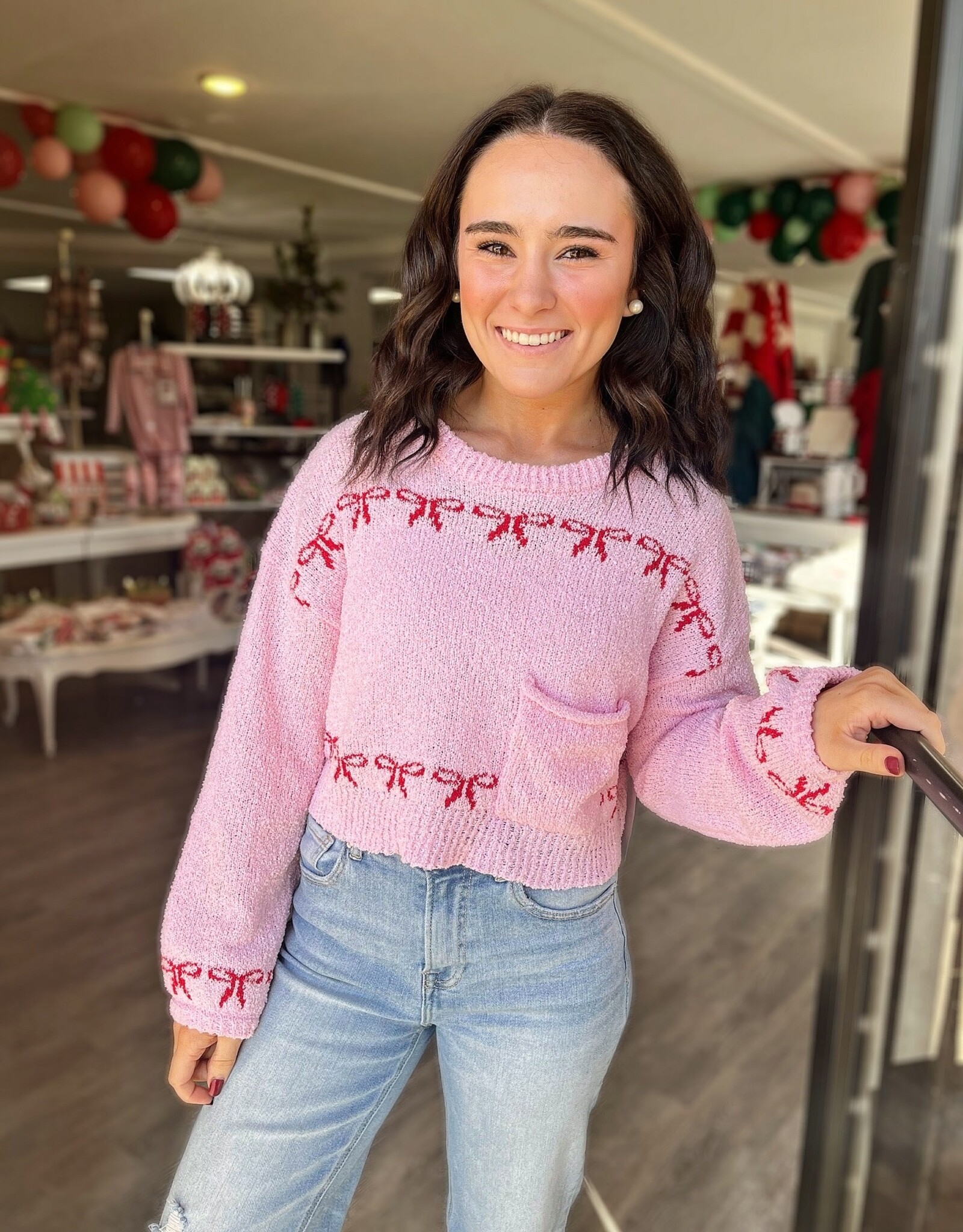 Bow Crop Sweater in Pink