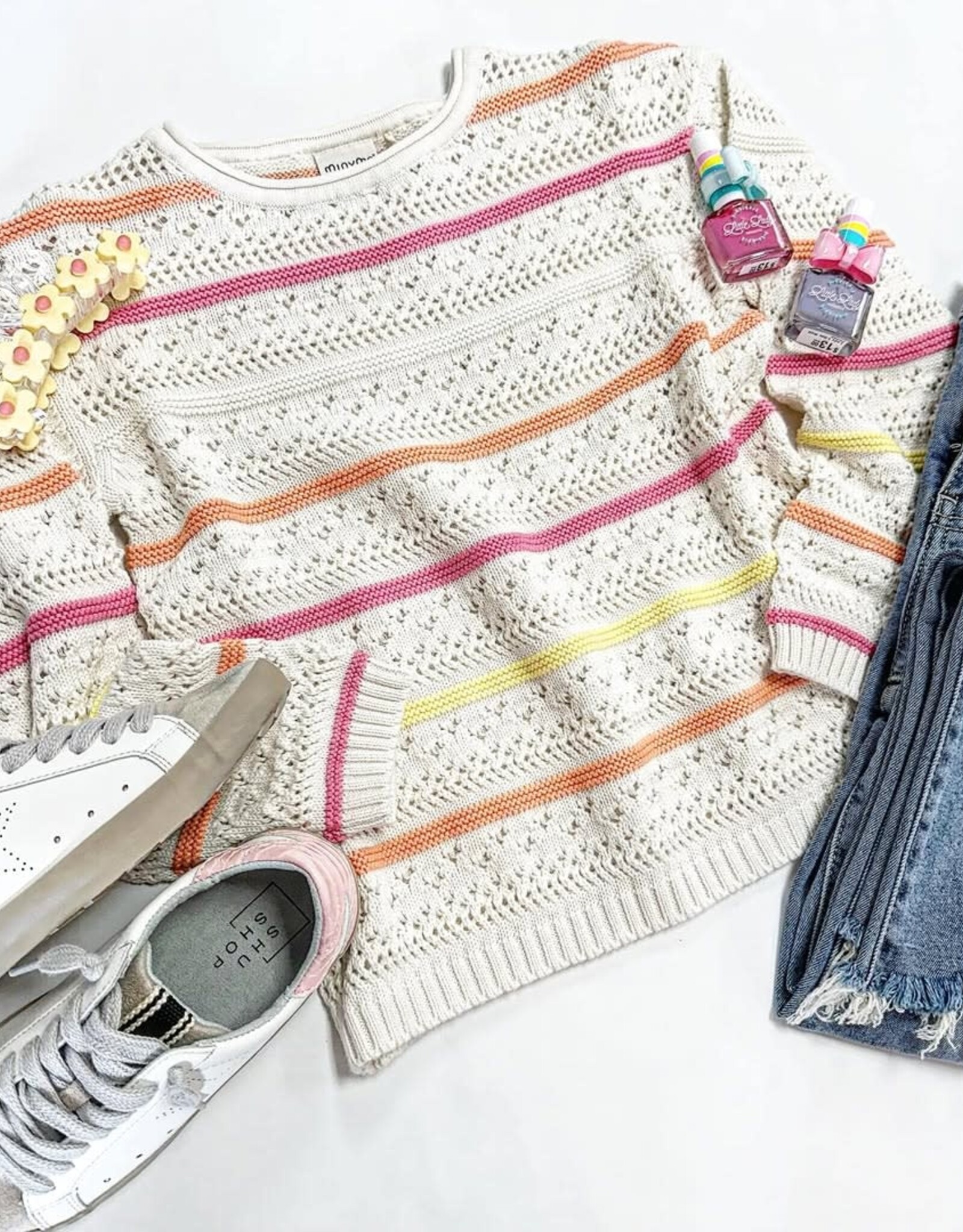 Miny Mo Crochet Cream Sweater in Pink Stripe