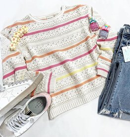 Miny Mo Crochet Cream Sweater in Pink Stripe