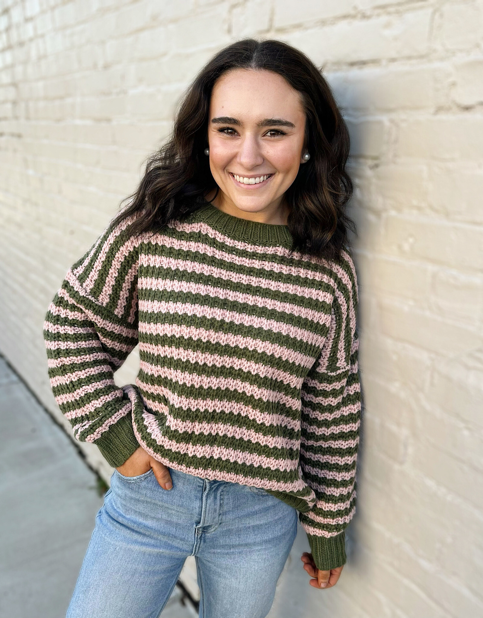 Hayden Maddi Sweater in Pink/Green Stripe