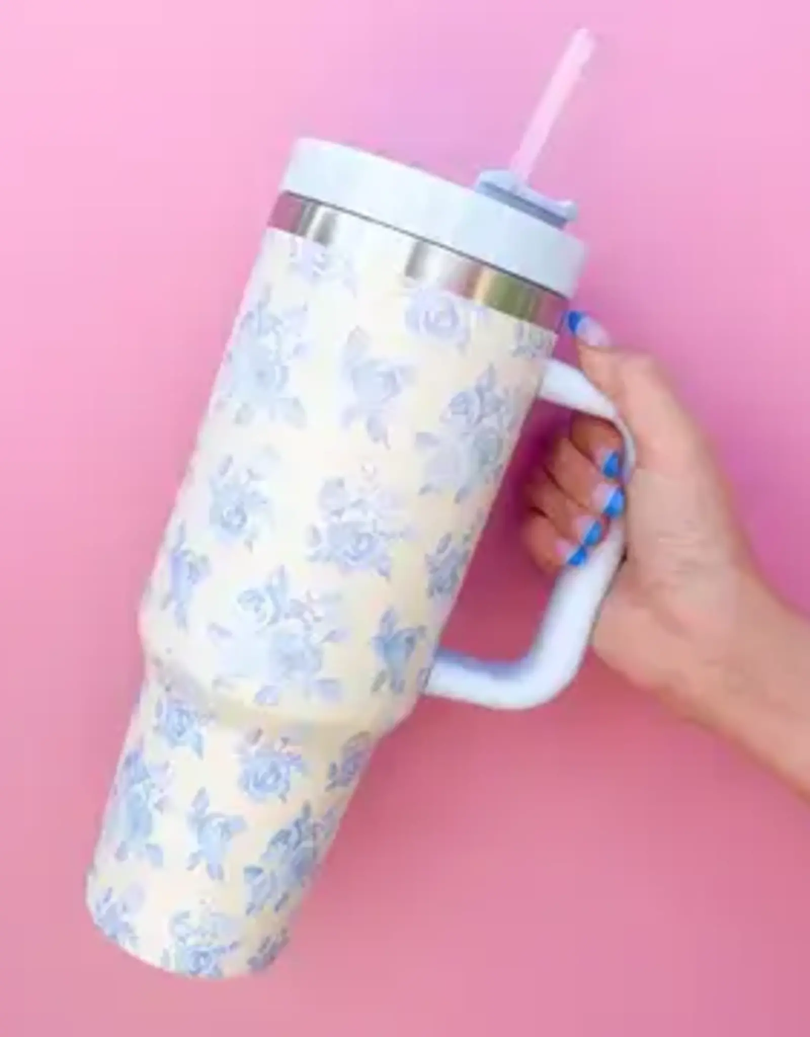 Rock Paper Scissors Cream & Blue Floral 40oz Tumbler