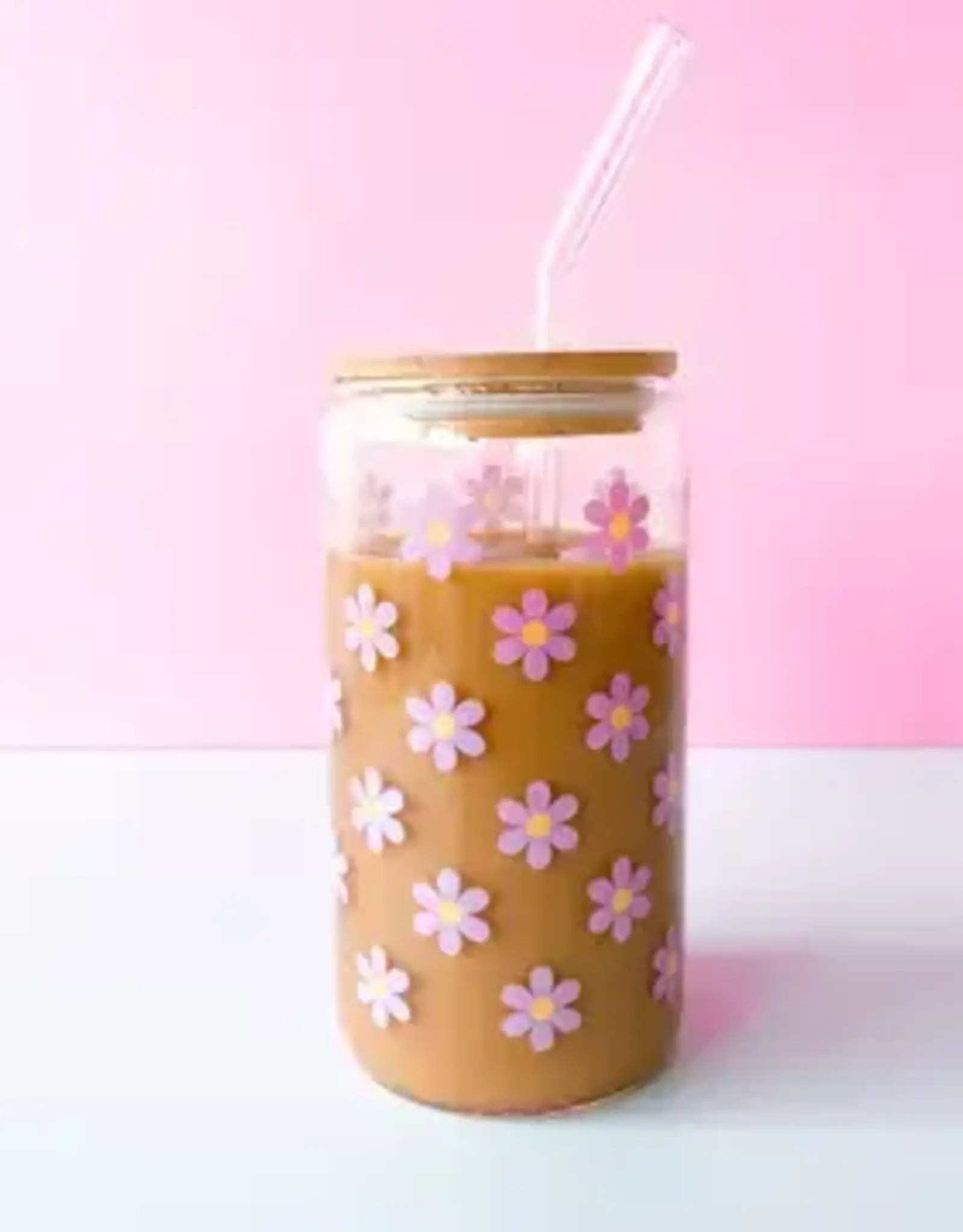 Rock Paper Scissors Purple Daisy Latte Glass with Lid & Straw