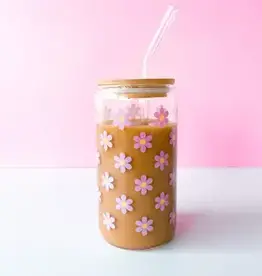 Rock Paper Scissors Purple Daisy Latte Glass with Lid & Straw