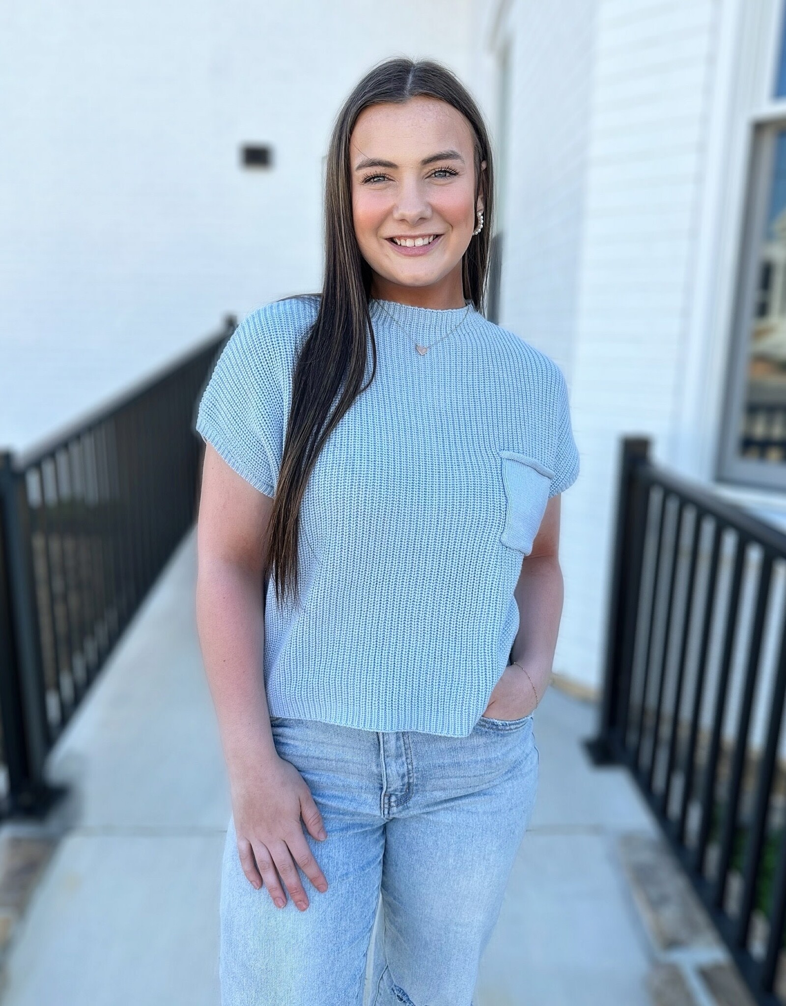 zenana Sweater Pocket Top in Blue
