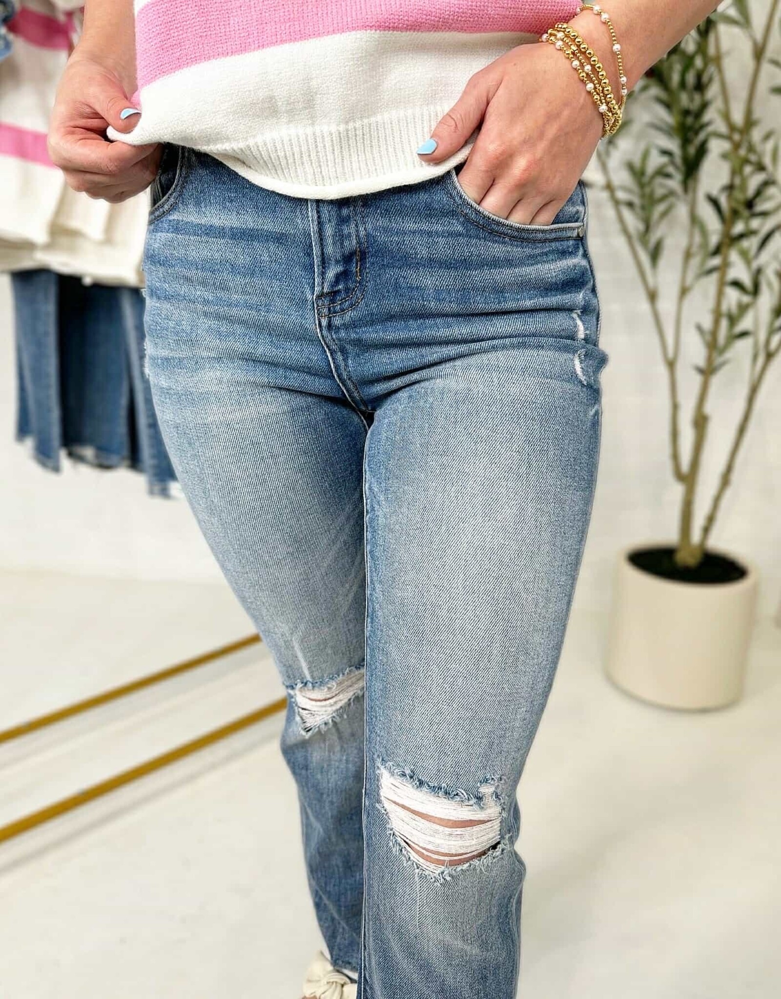 Risen High Rise Distress Ankle Straight Jean