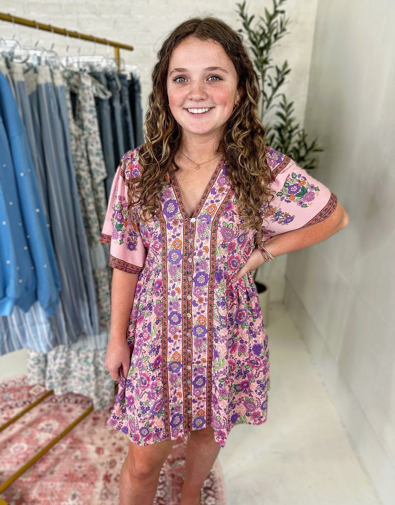 Very J Elliott Dress in Pink Paisley