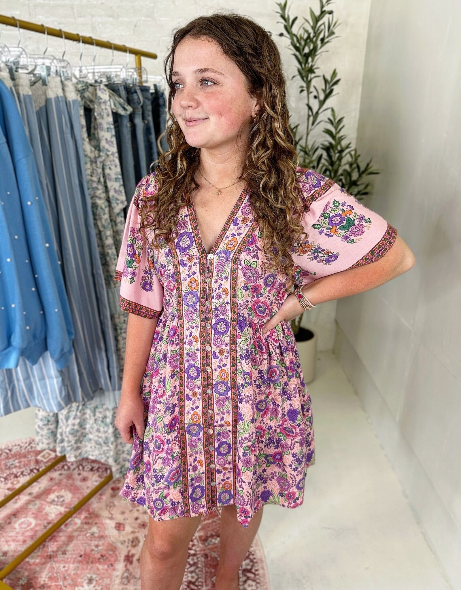 Very J Elliott Dress in Pink Paisley