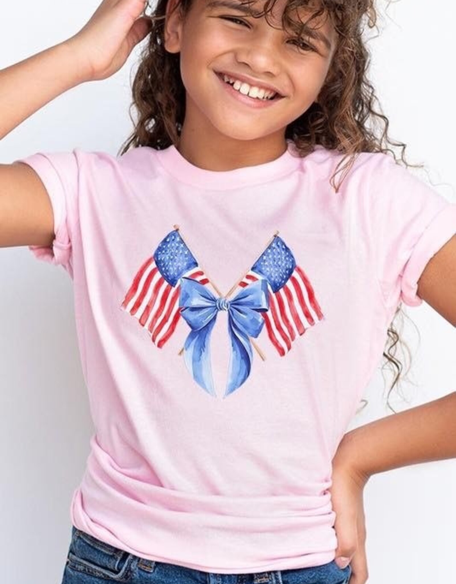 USA Flag and Bow Graphic Tee in Pink