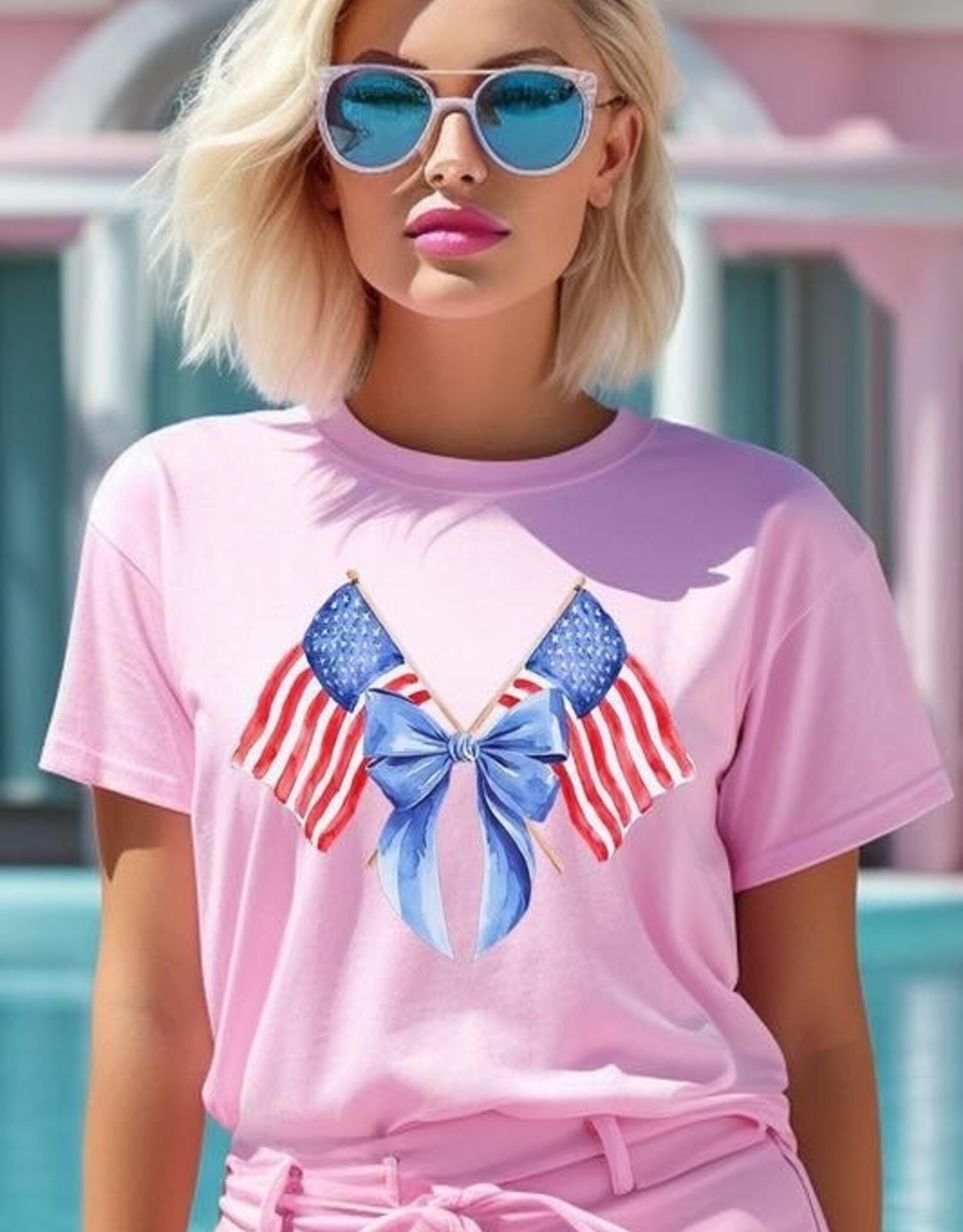 USA Flag and Bow Graphic Tee in Pink