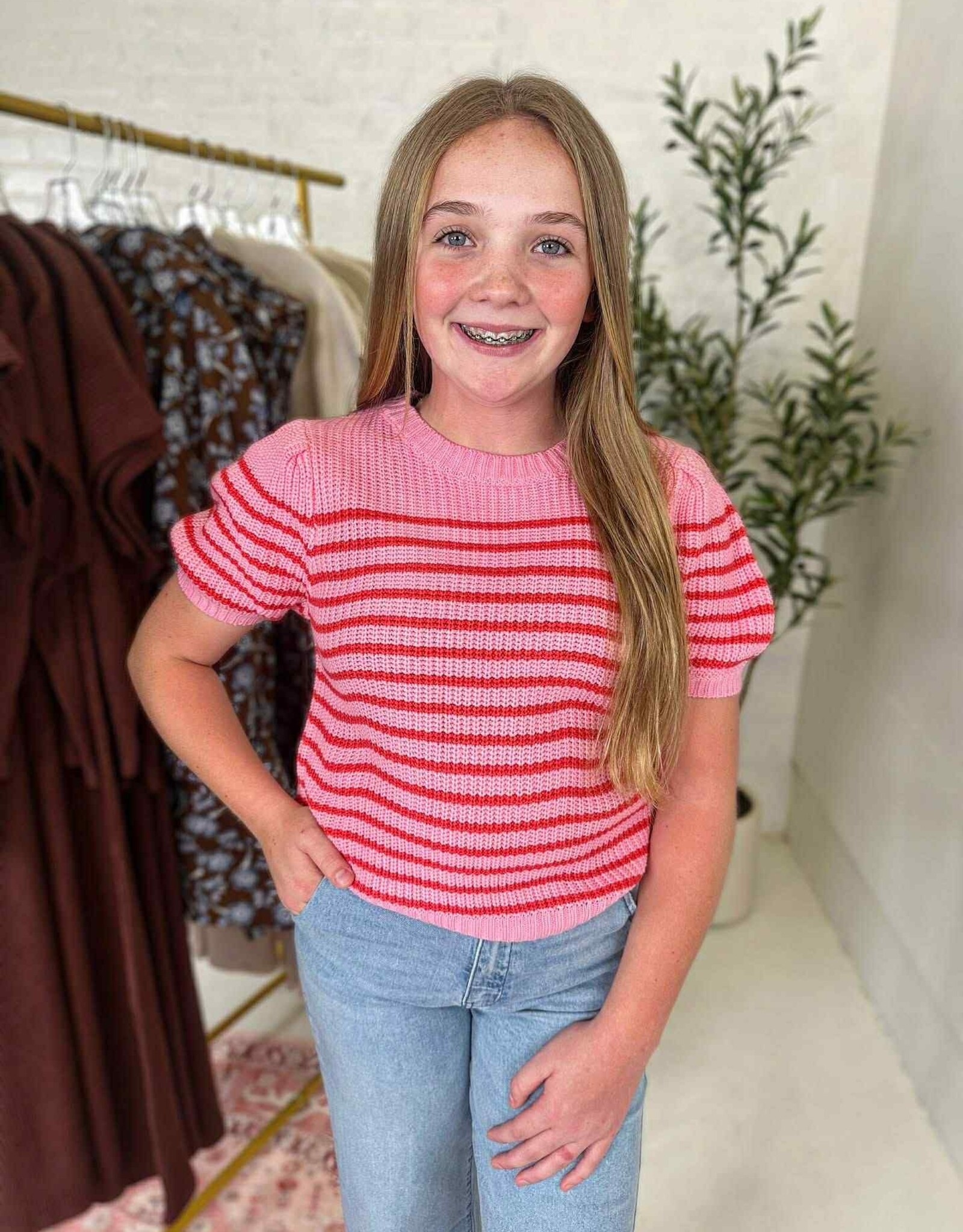 Hayden Lauren Sweater Top in Pink Stripe