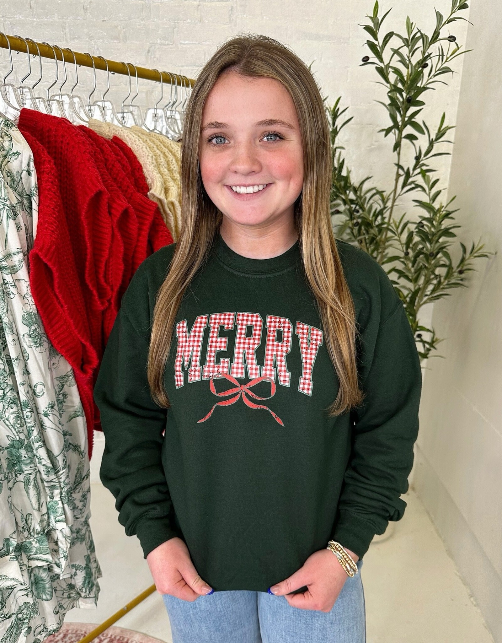 colorbear Plaid Merry Christmas Bow Kids Graphic Sweatshirt