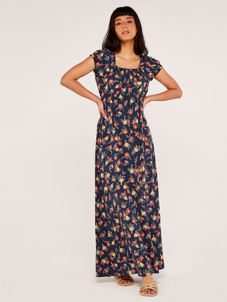 Apricot Floral Cap Sleeve Smocked Detail Maxi Dress