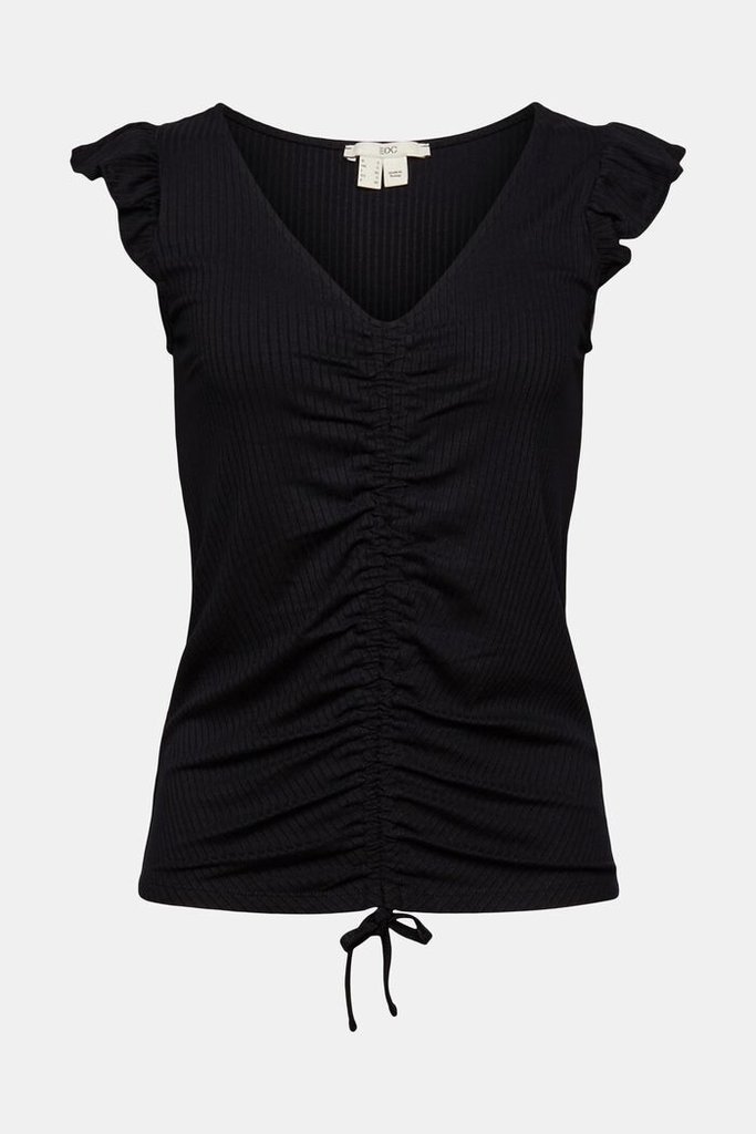 Esprit Ruched Front Frill Sleeve Ribbed Top
