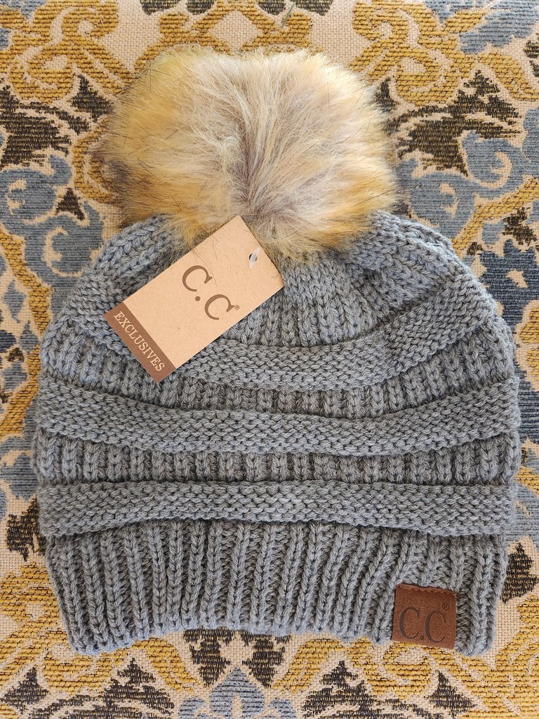 C.C Beanies Cable Knit Faux Fur Pom Beanie