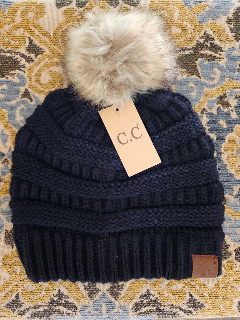 C.C Beanies Cable Knit Faux Fur Pom Beanie