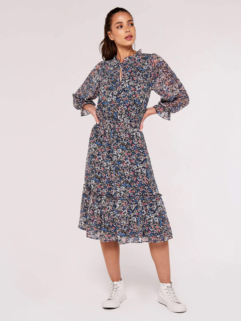 Apricot Key Hole Front Long Sleeve Midi Dress