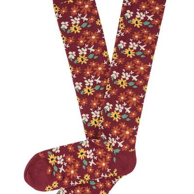 Knee socks - Floral Dark red
