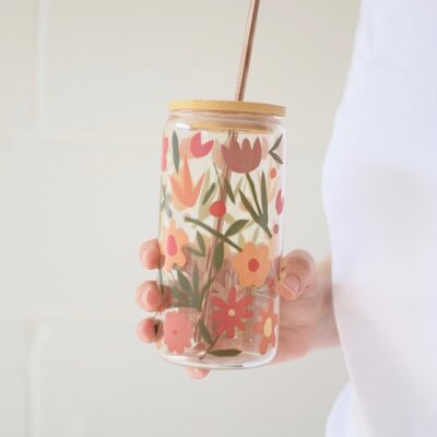 Glass lid/straw - Floral