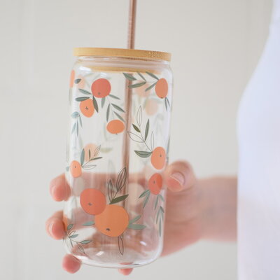 Glass lid/straw - Oranges